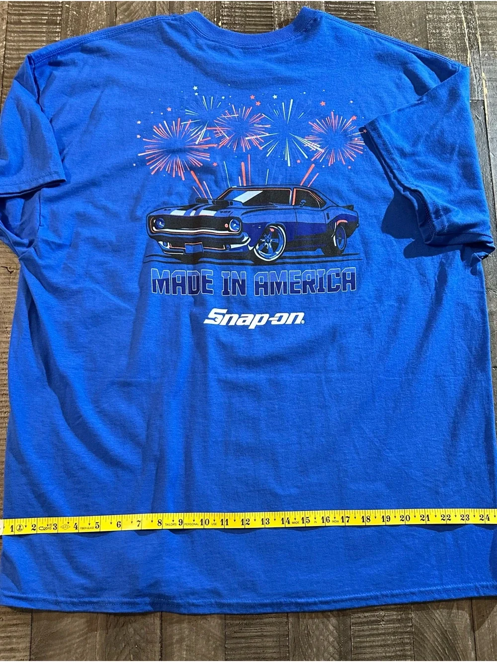 Snap-on Classic Car Graphic T-Shirt in Bright Blue with Fireworks